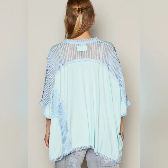 POL Blue Boho Print + Sheer Knit V Neck Rayon Jersey Top - Picture 4 of 14